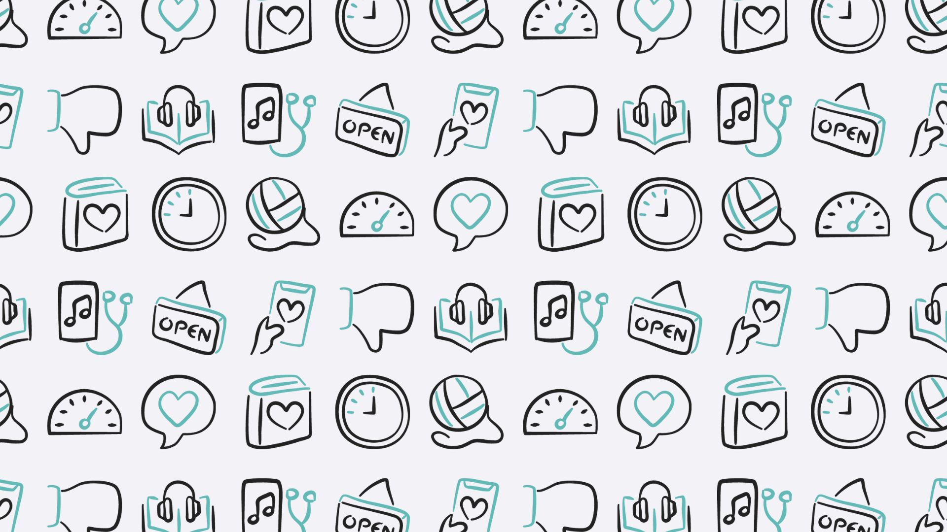 Icons showing black and teal phones, books, headphones, and more.