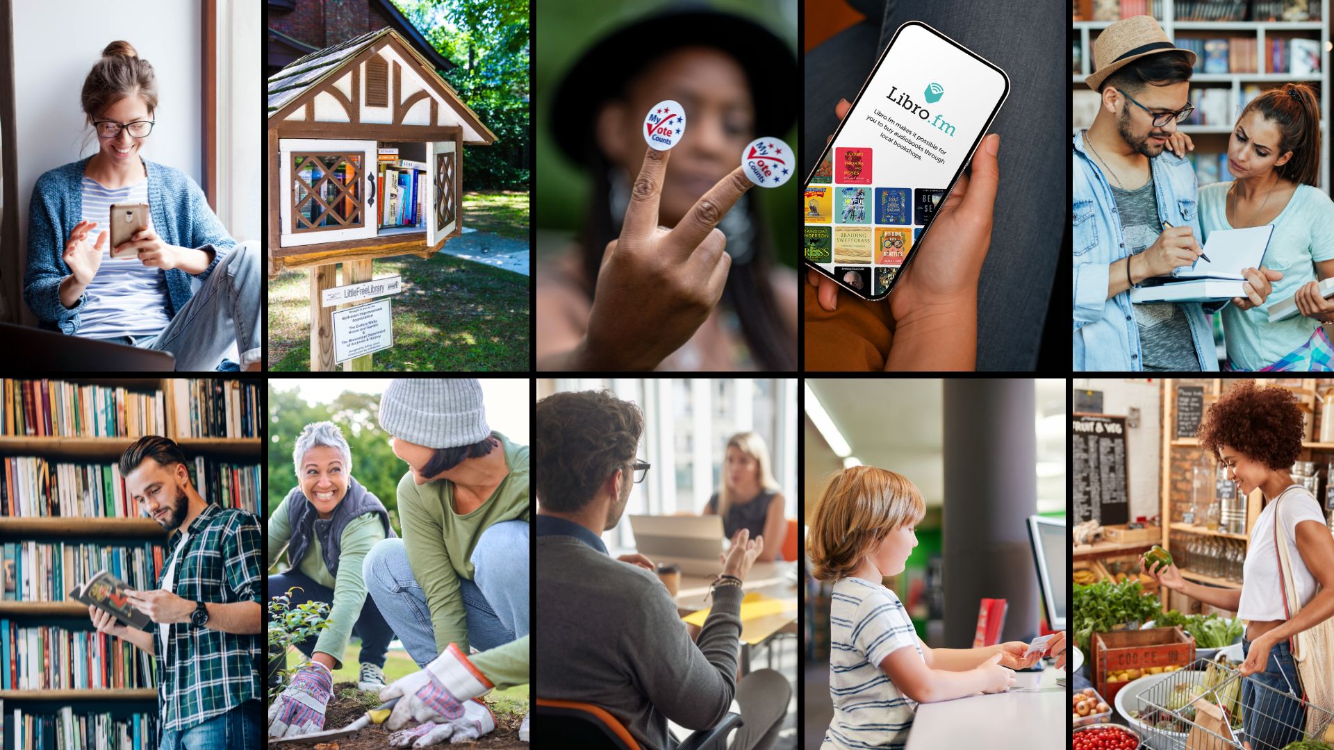 A grid of individuals performing actions that benefit their local community