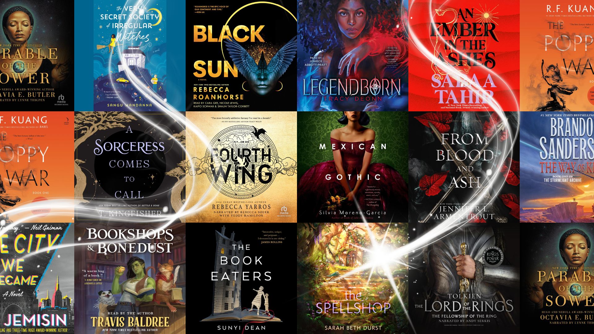 A grid of audiobook covers ft. fantasy reads