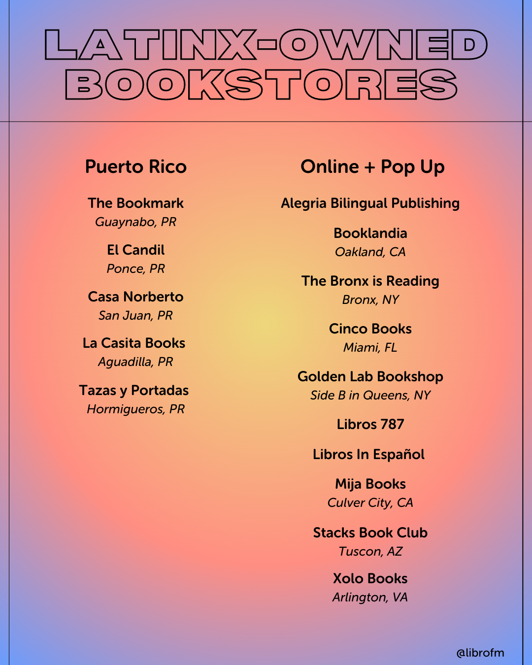 Graphic that reads "Latinx-owned bookstores" and lists out all the Puerto Rico and Online + Pop-up bookstores mentioned in this blog post.