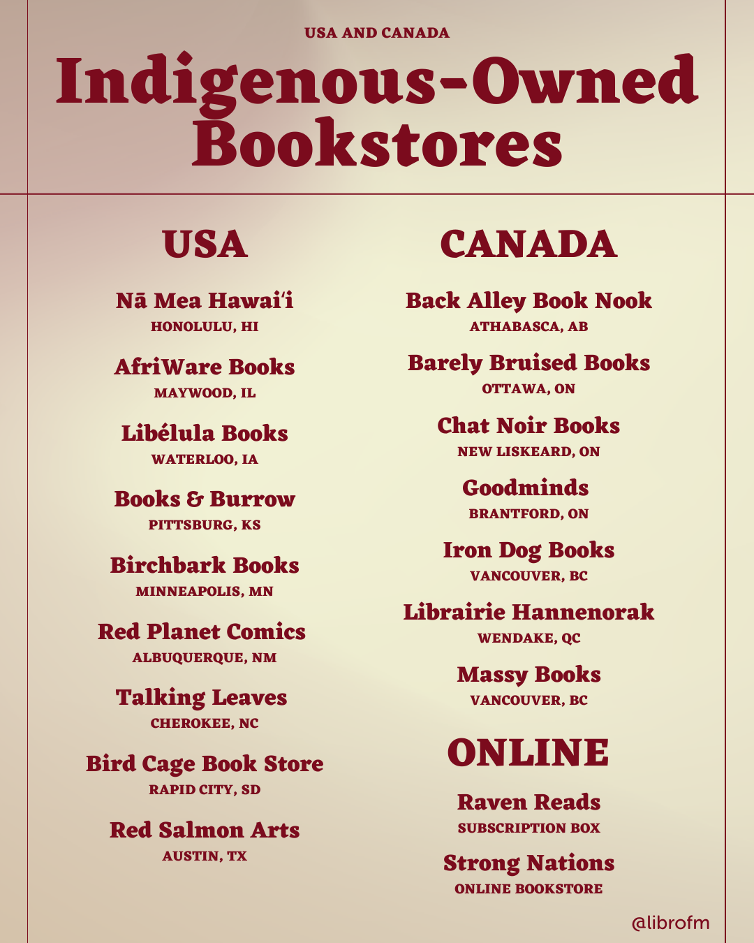 Indigenous-owned bookstores in the USA and Canada. Listed are 9 stores in the USA, 7 in Canada, and 2 online. See the full list at https://blog.libro.fm/indigenous-owned-bookstores/