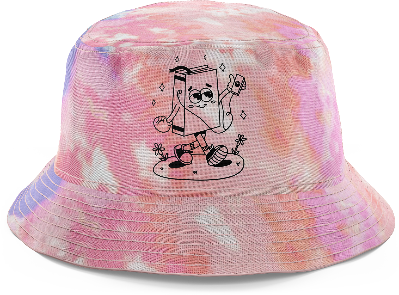 A tie dye bucket hat with an animated book on it 
