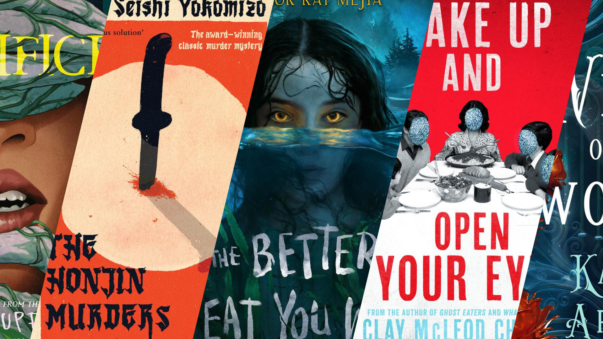 Audiobook covers zoomed in, with only portions of each visible in a diagonal pattern