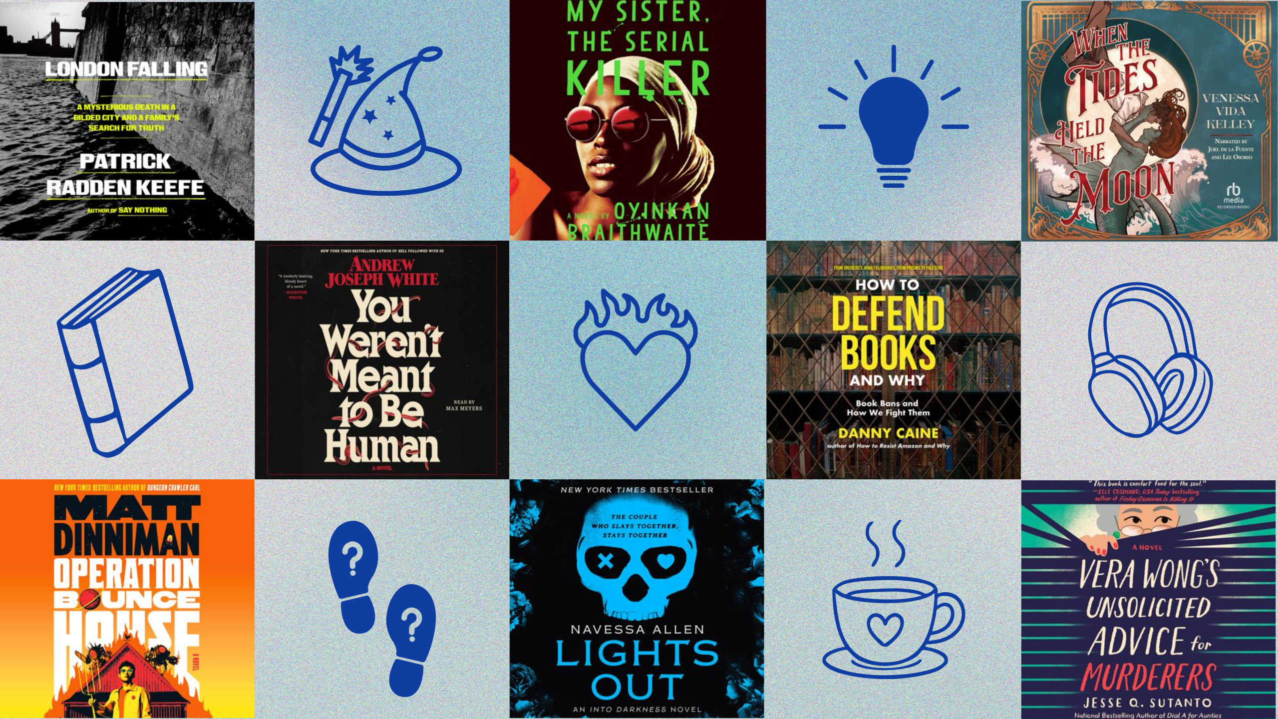 A graphic showcasing audiobook covers with decorative illustrations of books, headphones, and other symbols related to book genres.