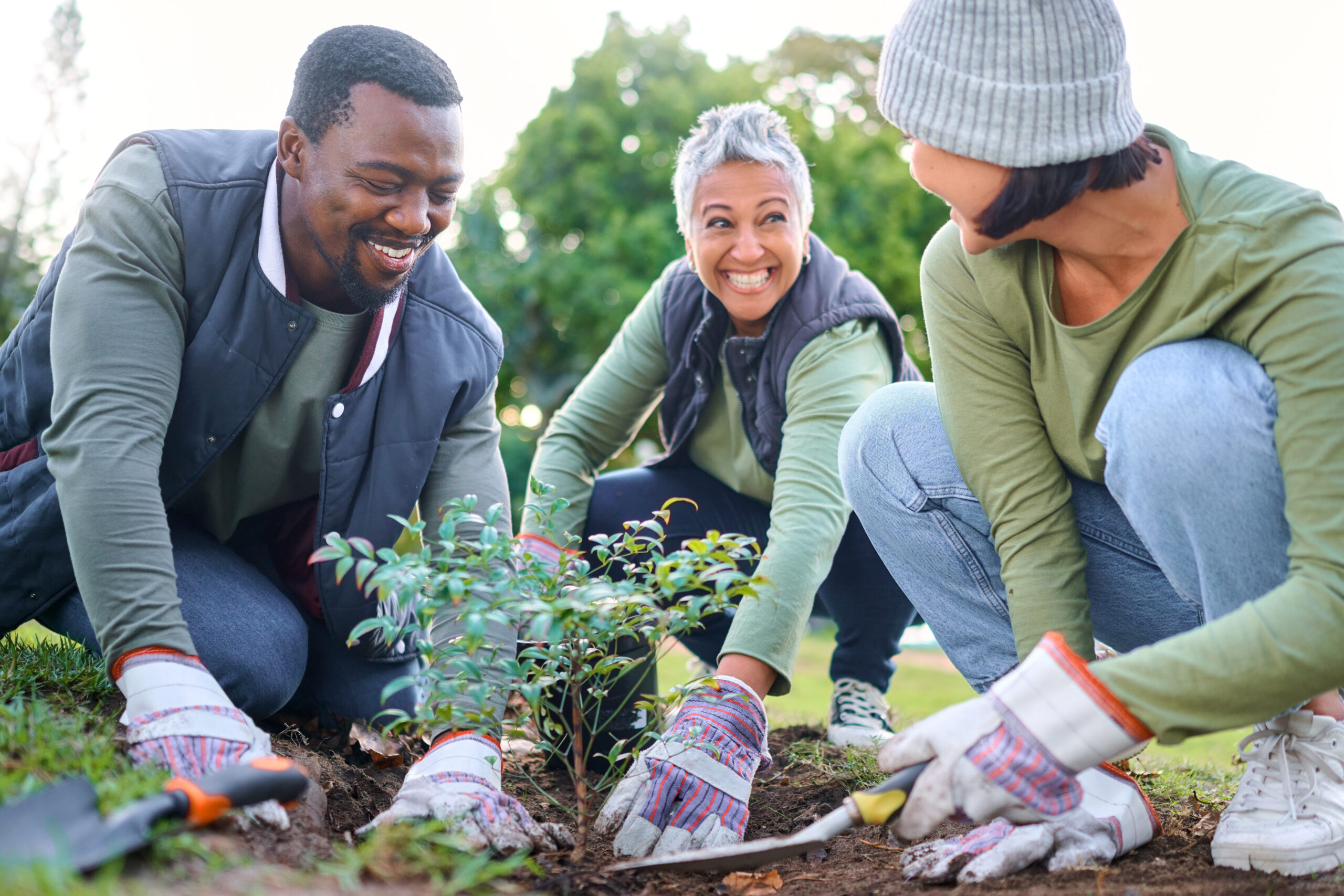 Three people planting