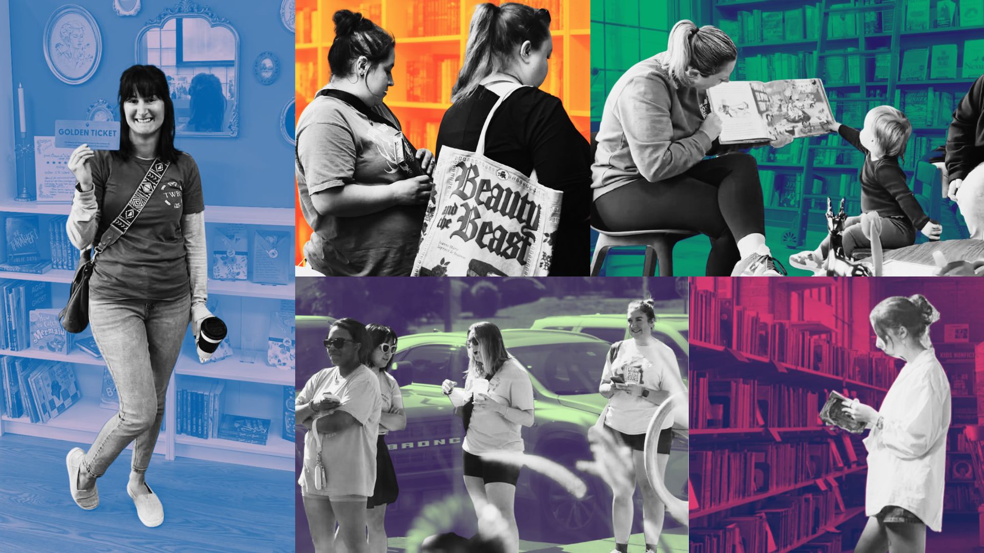 Images of individuals at their bookstore, colorblocked.