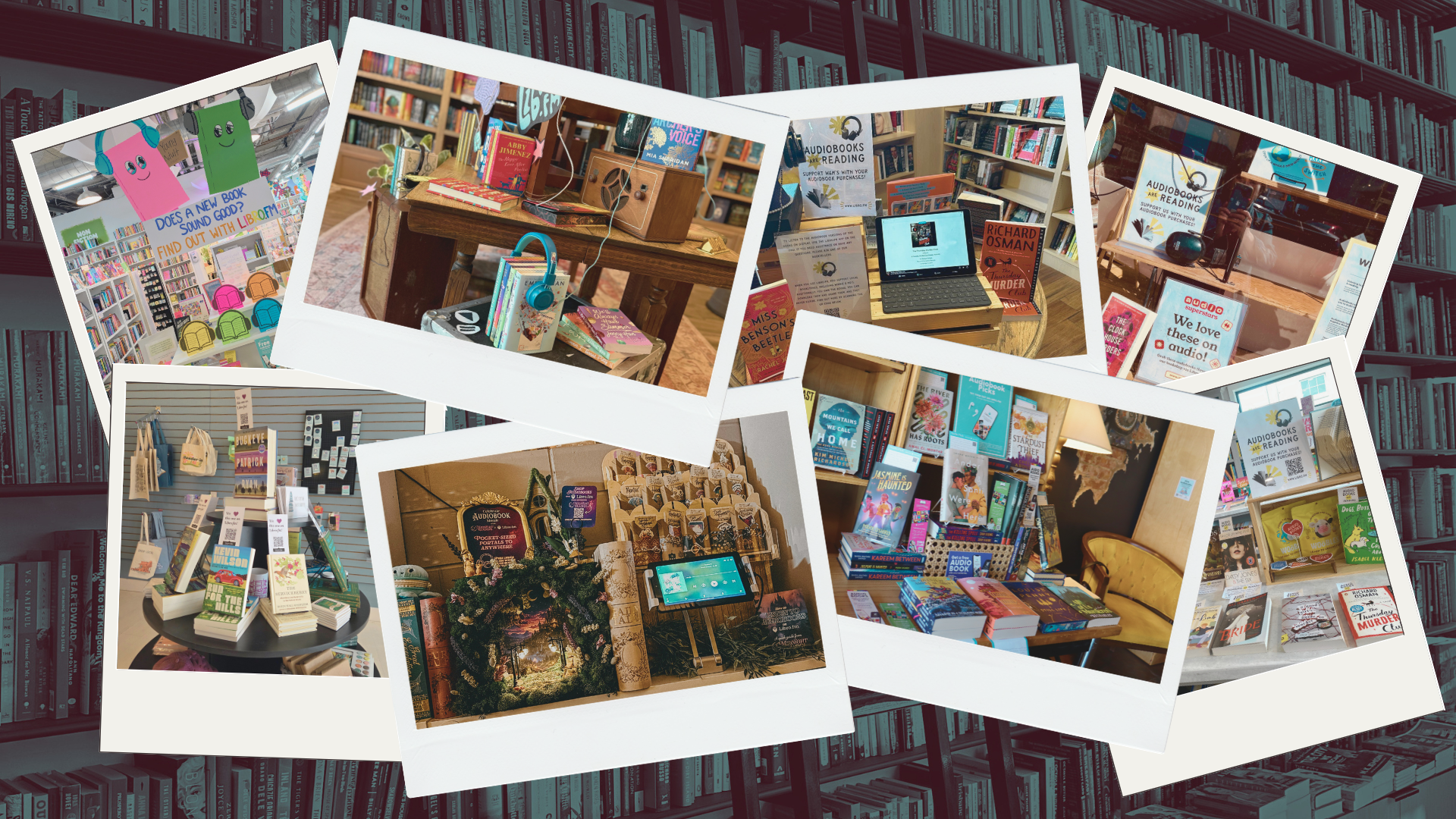 Graphic featuring eight photos of audiobook displays in bookstores.