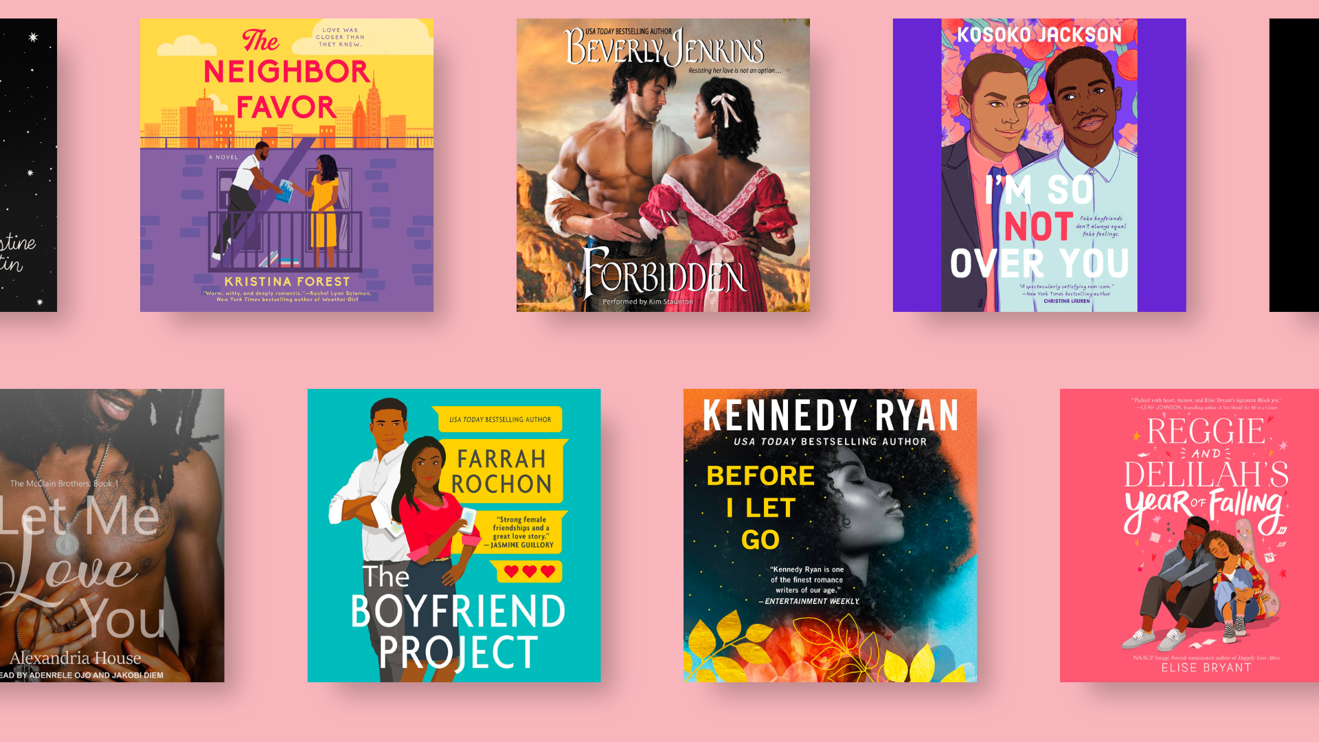 A pink background with ten audiobook covers on it.