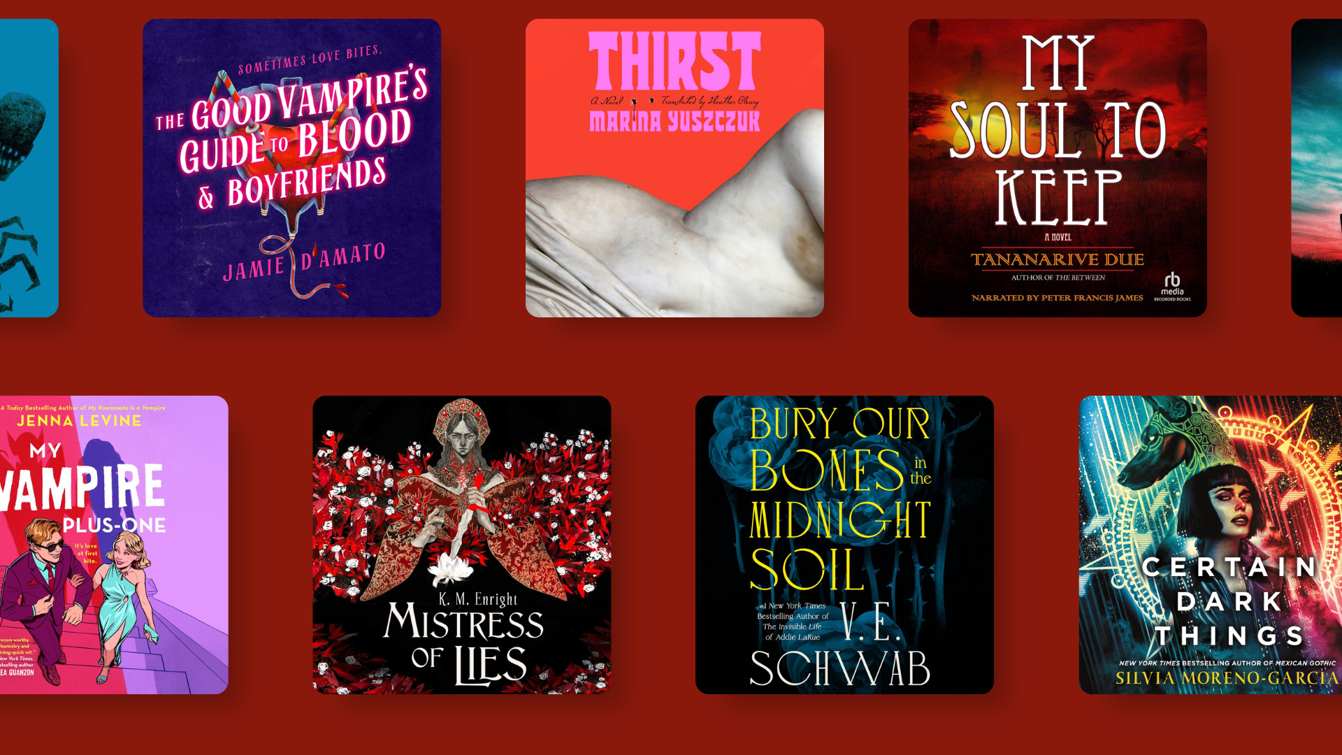 8 Book covers on a dark red background