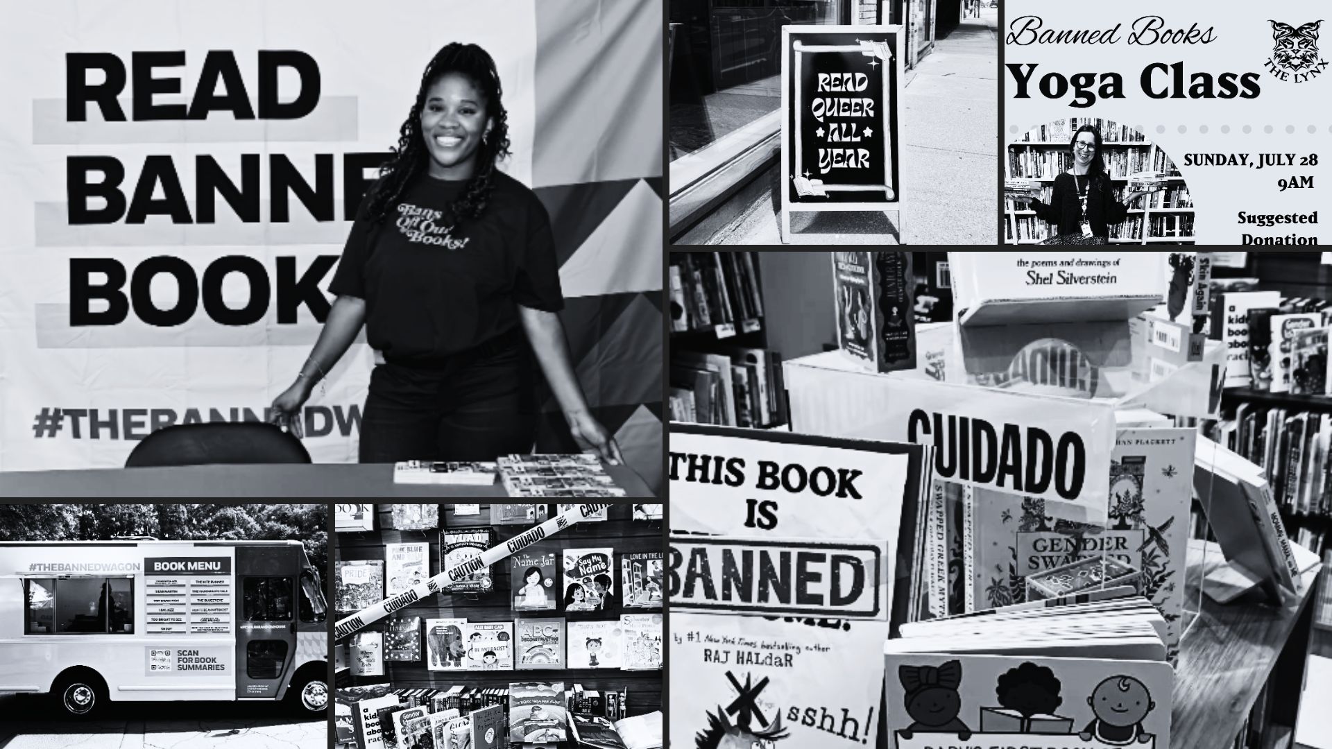 A collage of black and white images of bookstores and displays on banned books