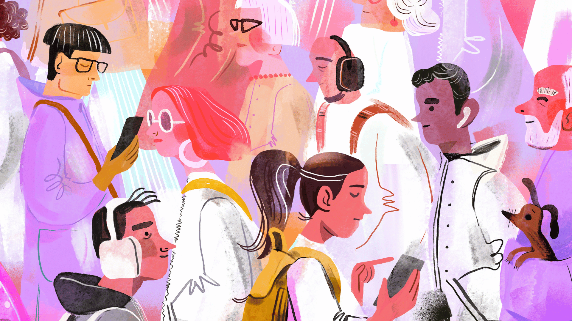 Colorful illustration of people wearing headphones or airpods while listening audiobooks on their smartphones.