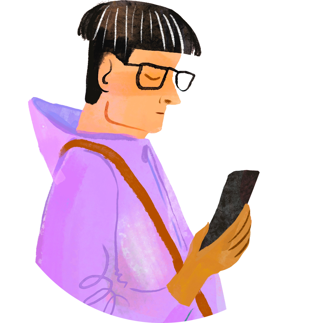 Illustration of a man with glasses looking at his phone.