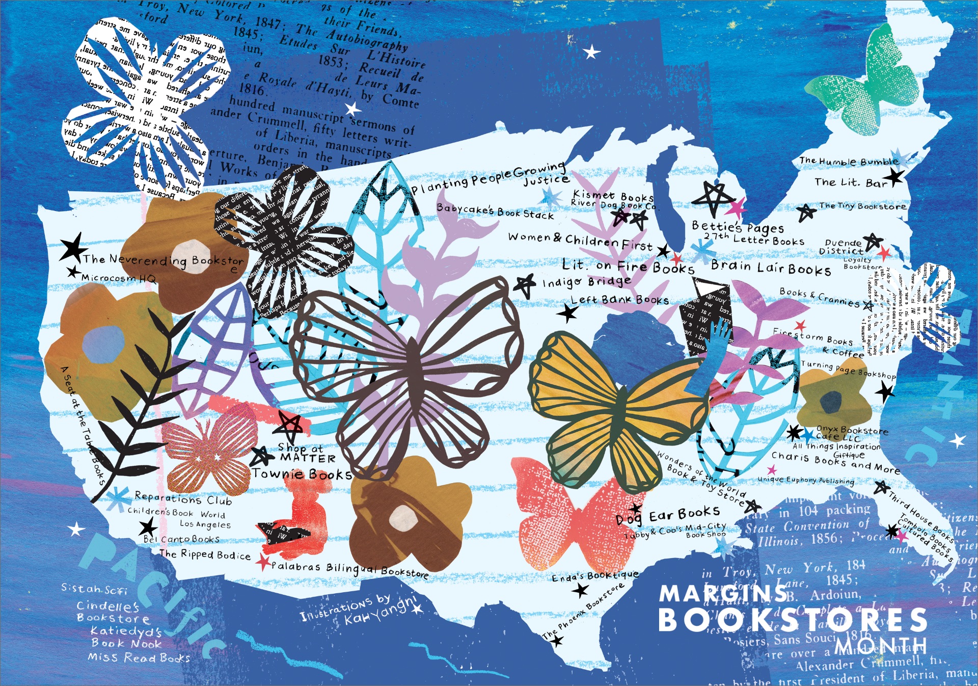 Image of the outline of the united states on a blue background, with images of butterflies and flowers overlaid and the caption Margins Bookstores Month
