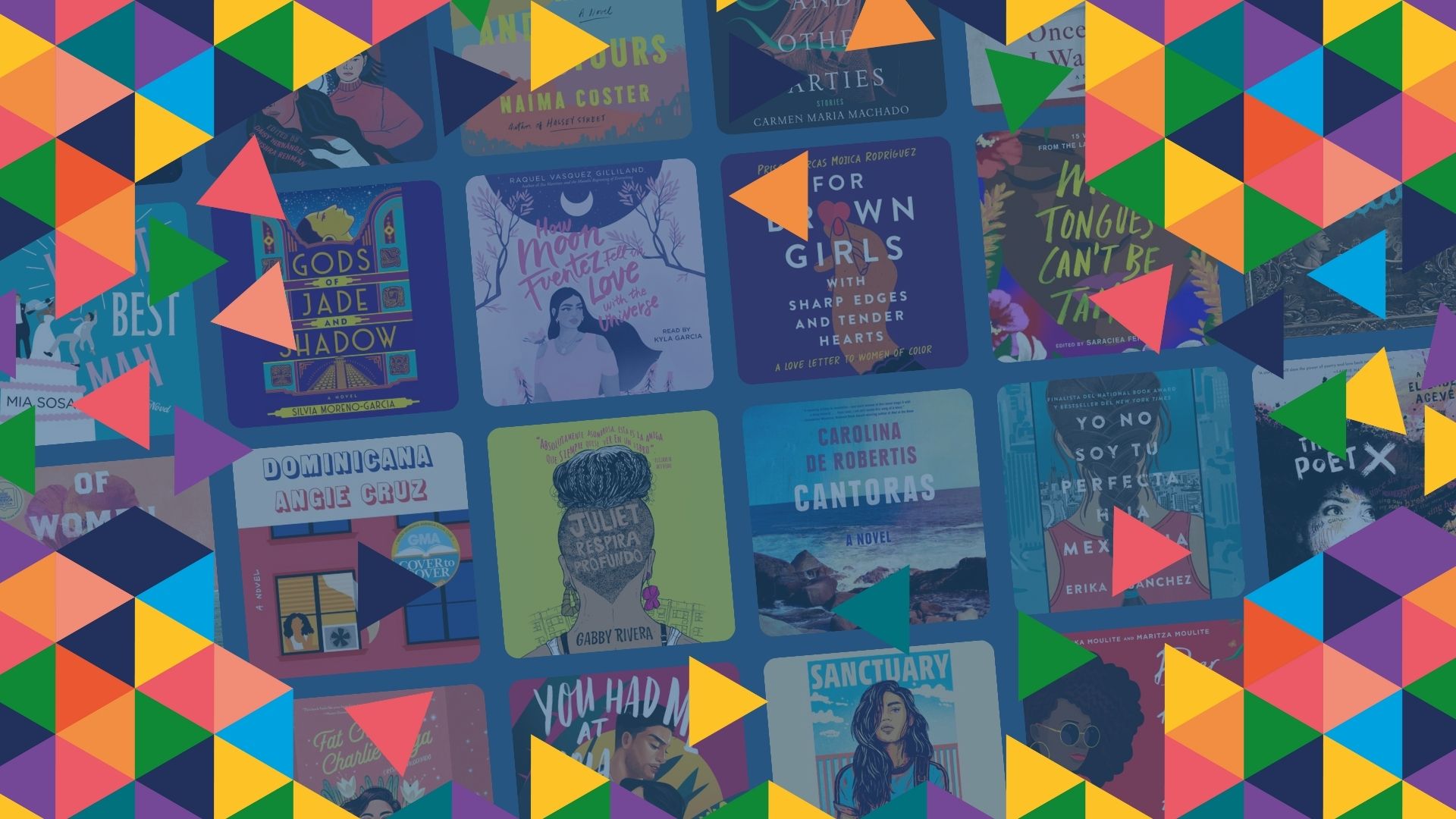 A collage of several of the book covers of the books featured in the quiz, overlaid with colorful confetti