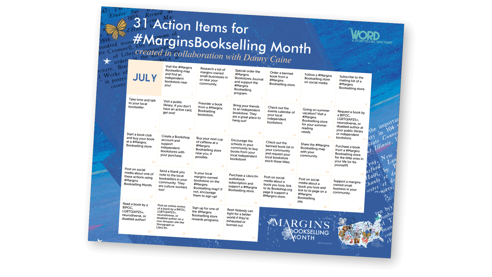 A July action calendar with a heading that reads "31 Action Items for #MarginsBookselling Month, created in collaboration with Danny Caine".