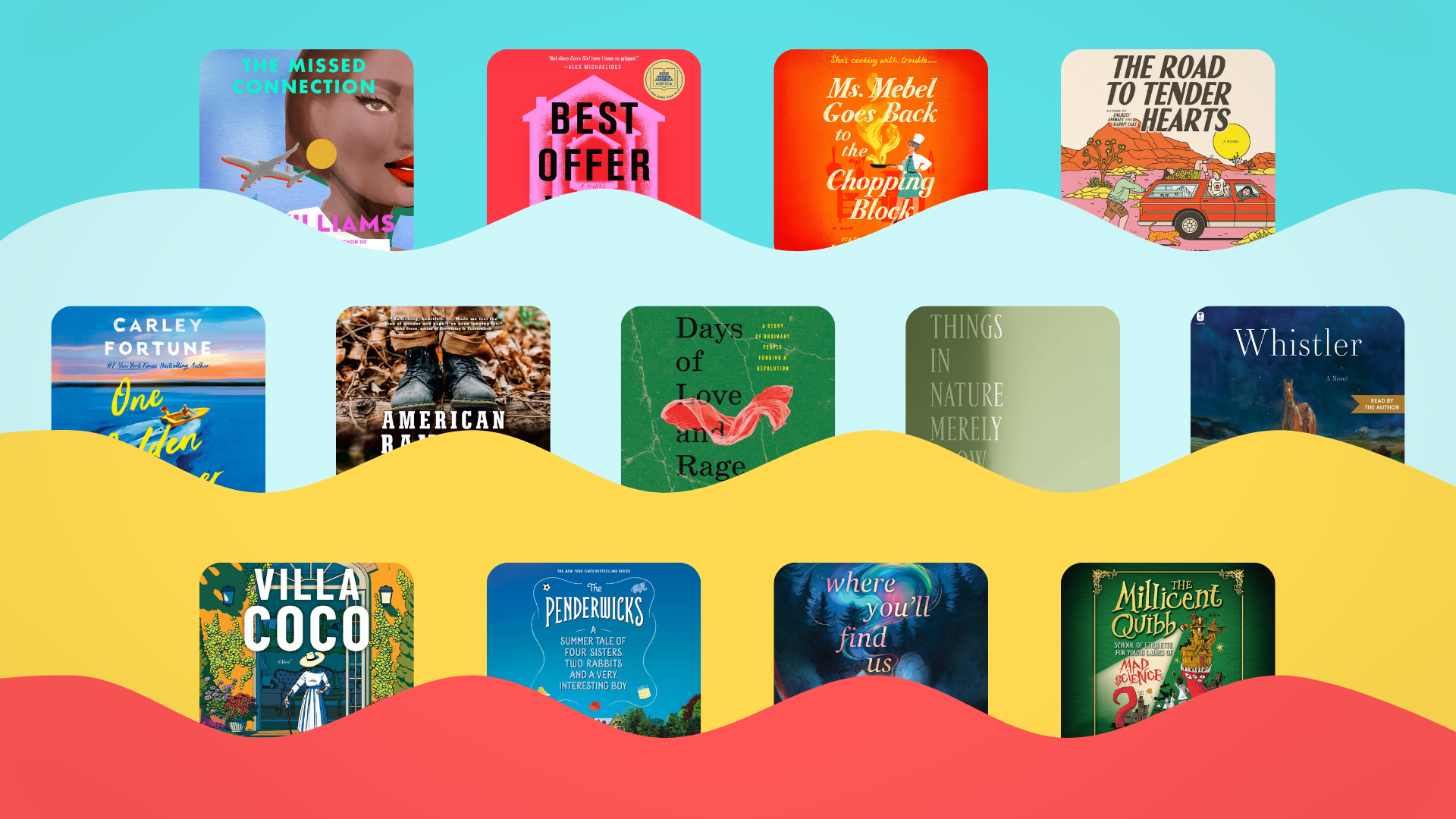Three rows of audiobook covers arranged in a grid over a wavy background in shades of turquoise, aqua, sandy beige, and orange.