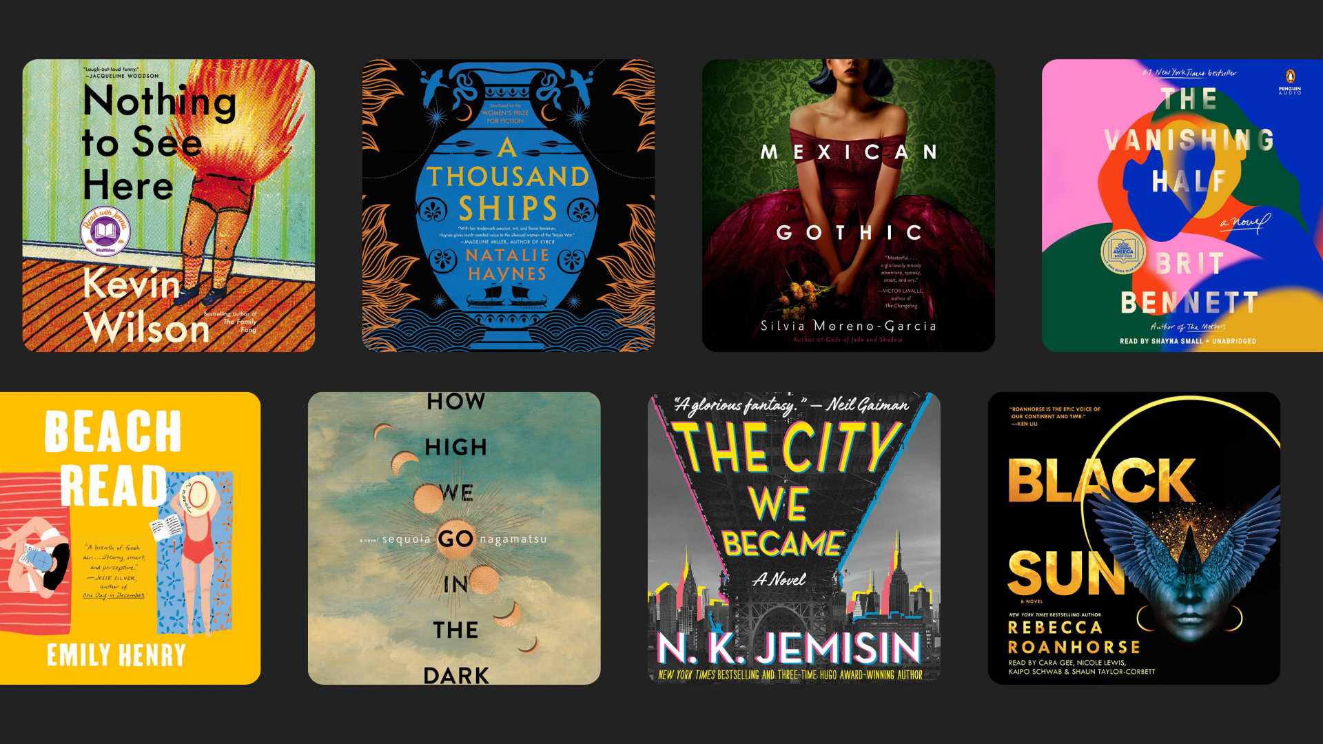 Eight audiobook covers in two rows