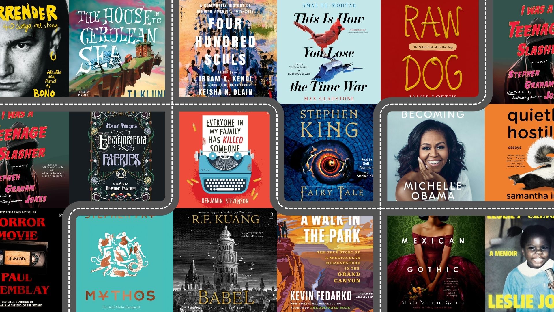 A grid of audiobook covers with street patterns running between.