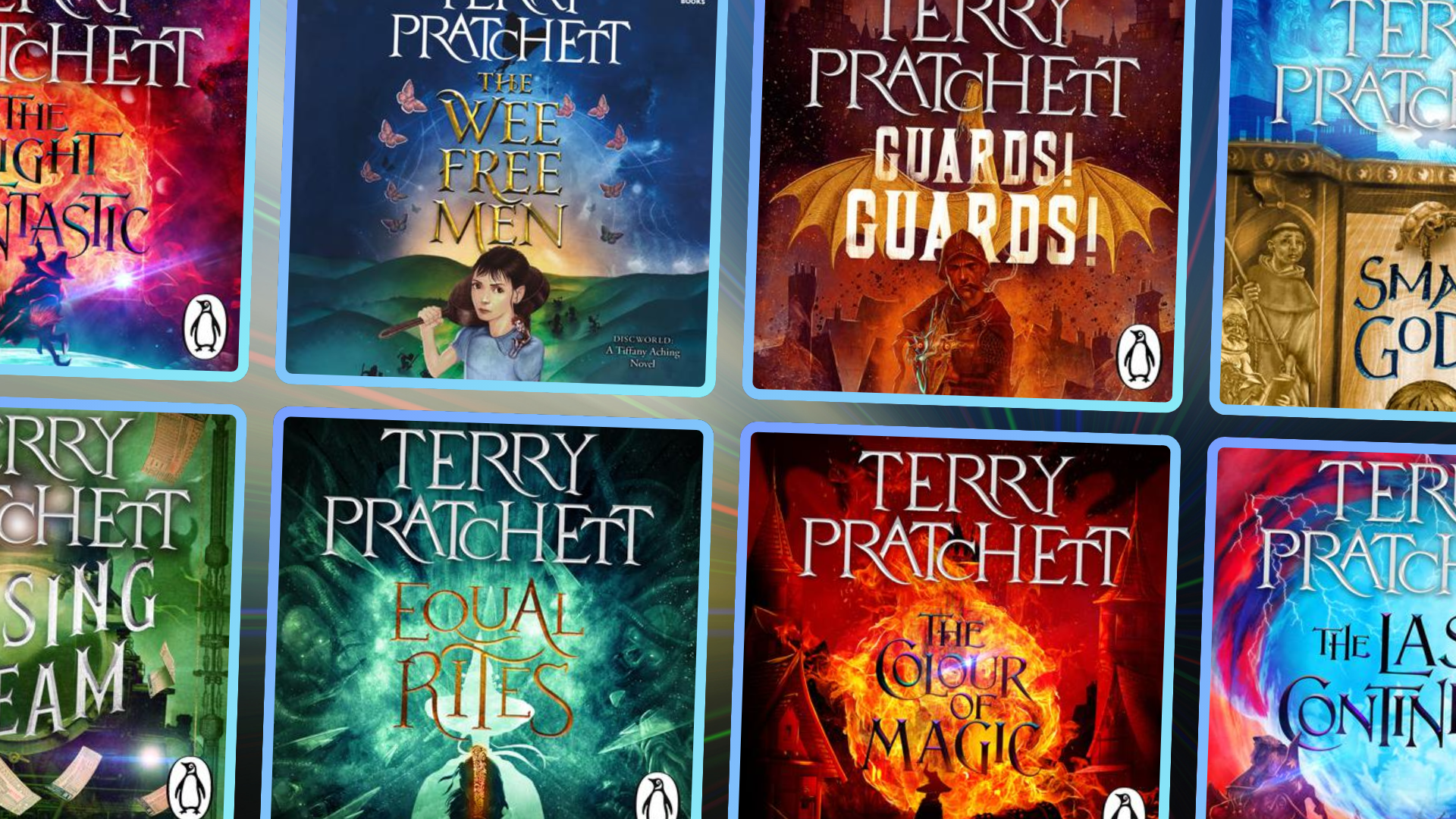 Graphic featuring two rows of Discworld audiobook covers.