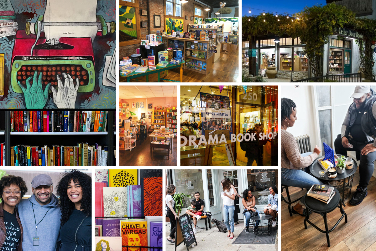 A collage of images from the bookstores featured in the post, showing bookshelves, staff, etc.