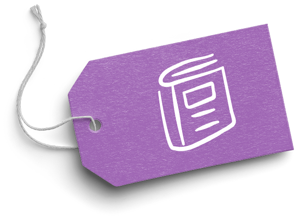 A purple gift tag with a book on it 