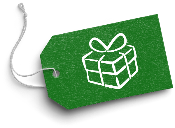 A green gift tag with a gift on it 