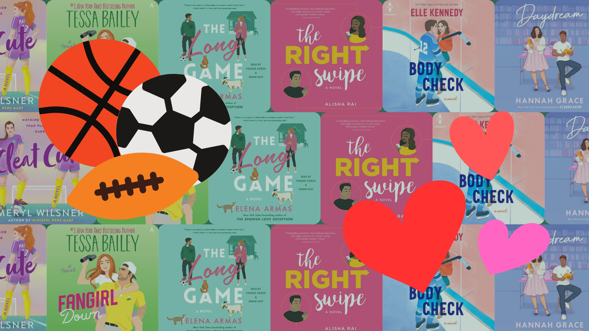 A grid of audiobook covers with sports equipment and hearts on top